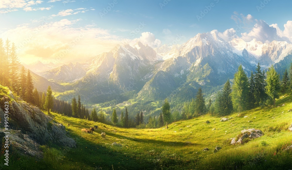 Breathtaking panoramic view of the Alps featuring majestic mountains , with clear blue sky and radiant sunrays casting golden hues over lush green meadows Breathtaking panoramic view of the Alps featuring majestic mountains , with clear blue sky and radiant sunrays casting golden hues over lush green meadows