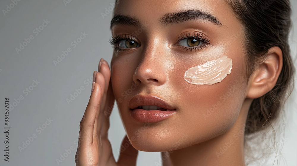 A close-up of a woman applying a cream to her face, showing perfect skin with natural highlights. The background is clean and space for text on one side. Skincare and beauty product advertising A close-up of a woman applying a cream to her face, showing perfect skin with natural highlights. The background is clean and space for text on one side. Skincare and beauty product advertising