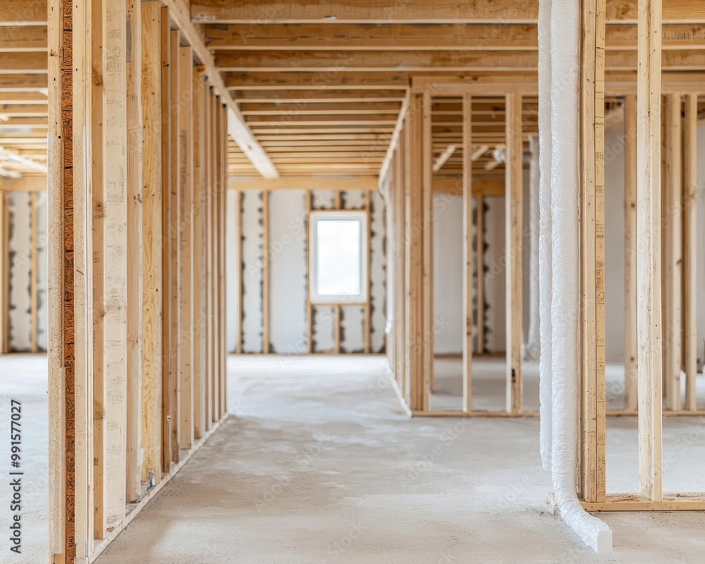 House with exposed pipes and unfinished walls, House Under Construction, Pipework installation House with exposed pipes and unfinished walls, House Under Construction, Pipework installation