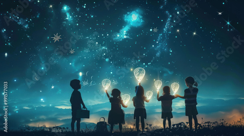 A group of children using a giant chalkboard in the sky to communicate their business ideas, with each word lighting up like stars as they write