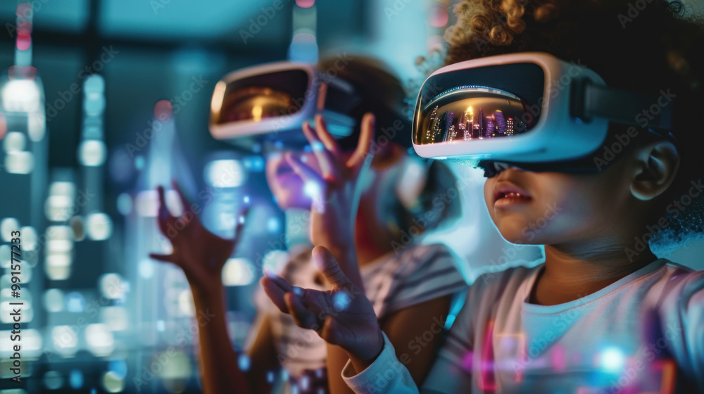 A group of children using virtual reality headsets to design a futuristic city, with their business technology creating a digital world where anything is possible A group of children using virtual reality headsets to design a futuristic city, with their business technology creating a digital world where anything is possible