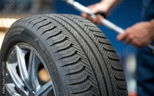 New car tire. Closeup of a new car tire with tread pattern, ready for the road. photo