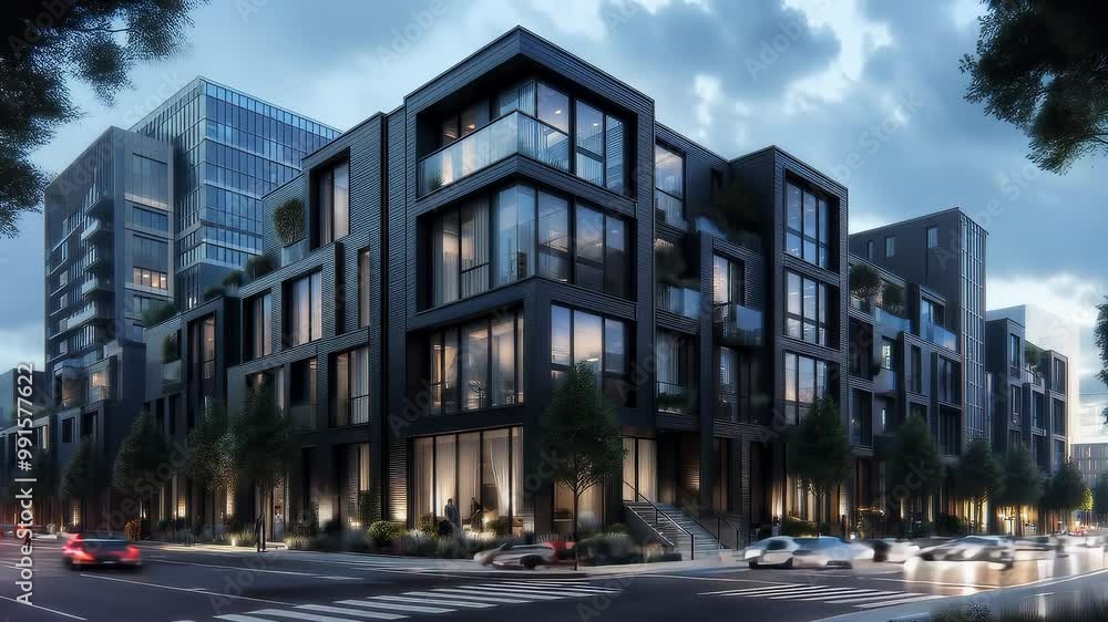 Modern townhouse sleek real estate, dark black siding, windows building, bustling neighborhood time lapse Modern townhouse sleek real estate, dark black siding, windows building, bustling neighborhood time lapse