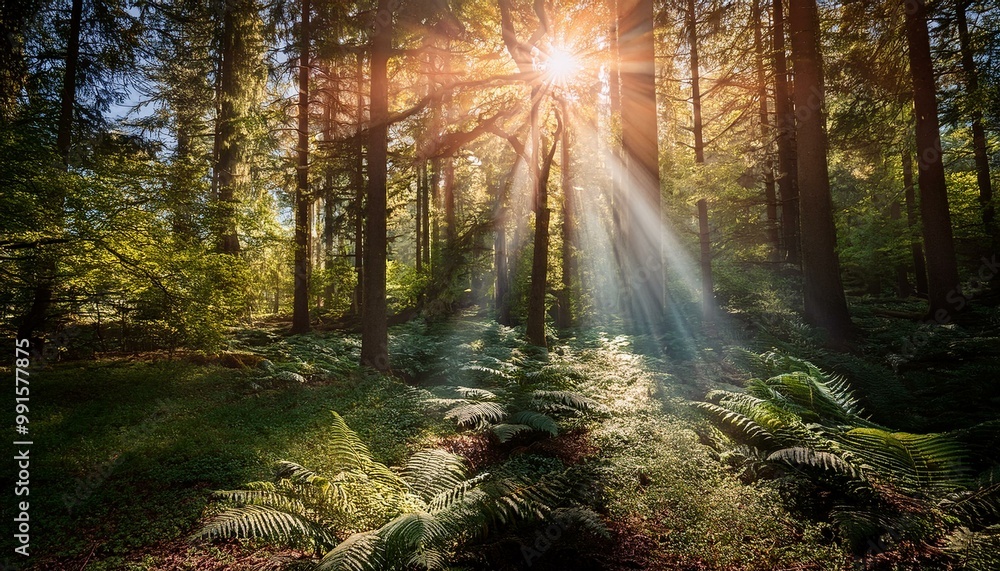 Fototapeta premium Brilliant rays of sunshine filter through thick foliage, producing a magical interplay of illumination and darkness, enhanced by a lens flare and a vibrant, surreal forest atmosphere