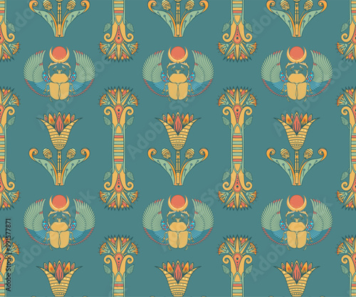 Ancient Egypt. Vintage seamless pattern with Egyptian gods and symbols. Retro hand drawn vector repeating illustration. Ra, Isis, Anubis, Sekhtmet, Cleopatra, pyramid.