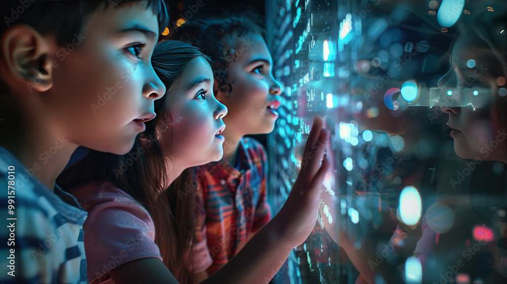 Obraz premium A group of kids using a magical mirror to communicate, where their words appear as glowing text in the reflection, connecting them across distances