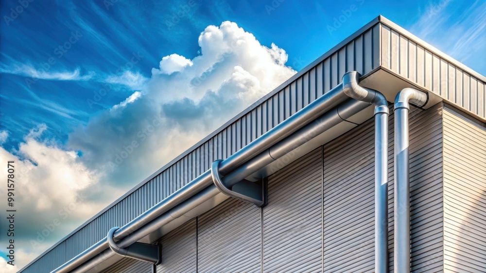 Fototapeta premium Roof Drainpipes on Modern Building Facade with Sky Background for Architectural Design