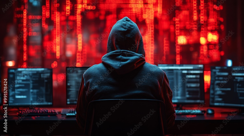 Anonymous Hacker Working on a Computer in a Dark Room Anonymous Hacker Working on a Computer in a Dark Room