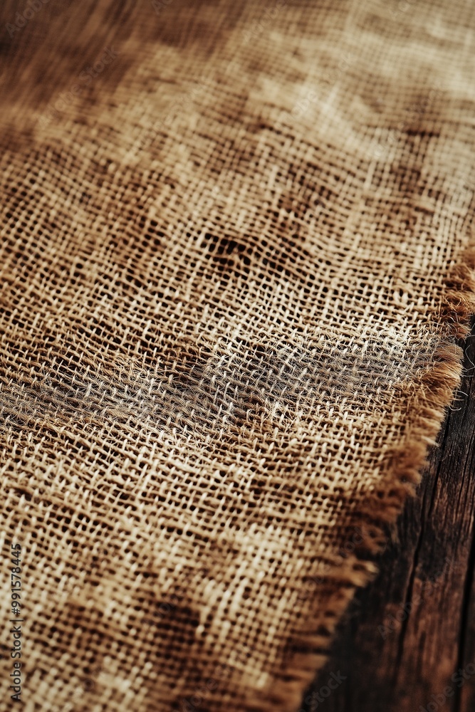 Fototapeta premium Close-up of burlap fabric showing rough texture and earthy tones, evoking a natural and rustic feeling.