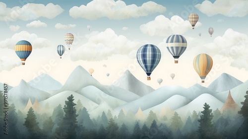 Hot air Balloons and mountains wallpaper mural, kids room illustration, foggy forest, vector, retro airship, boys room decor, planes, balloons, clouds, child room