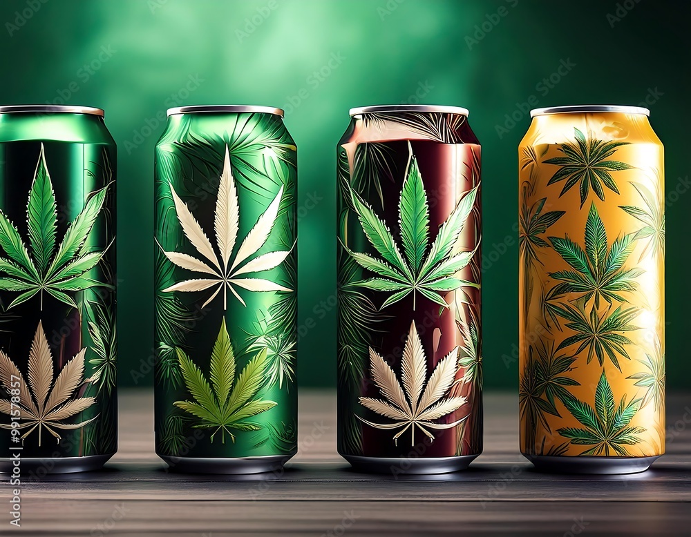 Collection of beverage cans with a cannabis theme. Collection of beverage cans with a cannabis theme.