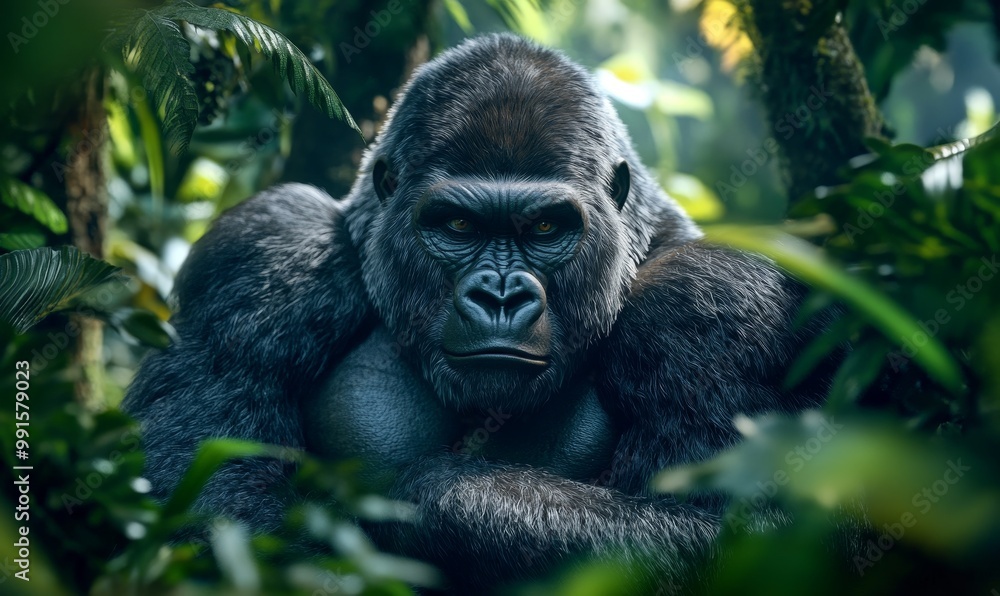 A gorilla stares intensely through foliage. A gorilla stares intensely through foliage.