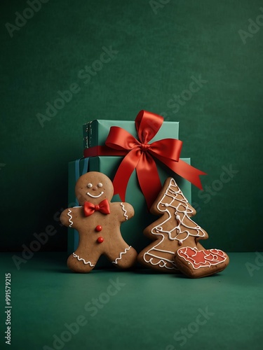 Christmas banner with presents and gingerbread cookies on green.