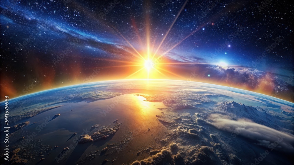 Panoramic view of sunrise over planet Earth with the sun, stars, and galaxy in the distance , sunrise, planet Earth, sun Panoramic view of sunrise over planet Earth with the sun, stars, and galaxy in the distance , sunrise, planet Earth, sun