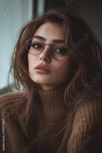 Wallpaper Mural Close-up portrait of a woman wearing glasses indoors, looking thoughtfully. Torontodigital.ca