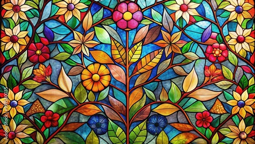 Stained glass window background with colorful abstract leaf and flower design, stained glass, window, background, colorful, abstract