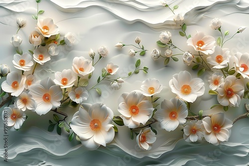 Wallpaper Mural Yellow and blue flower design on a white floral backdrop Torontodigital.ca
