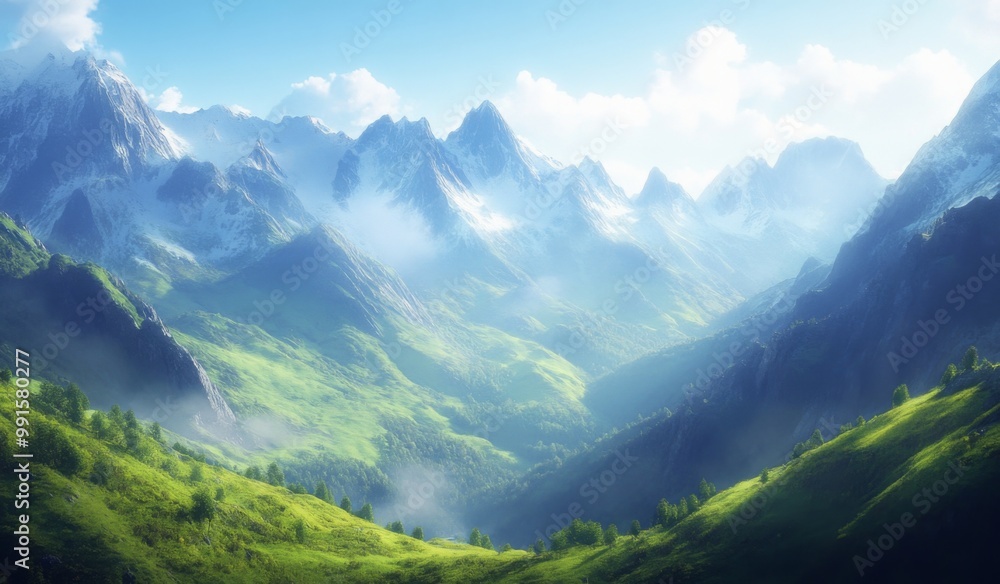 A breathtaking view of the Alps with sunlight streaming through majestic mountains and lush green valleys below, under a clear blue sky A breathtaking view of the Alps with sunlight streaming through majestic mountains and lush green valleys below, under a clear blue sky