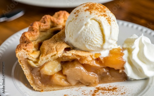 Apple pie with ice cream. A slice of apple pie topped with a scoop of vanilla ice cream and whipped cream. Perfect for a sweet treat.