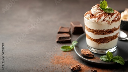 Delicious dessert layered with cream and chocolate, garnished with mint. Perfect for indulgence or celebration, served in a glass. photo