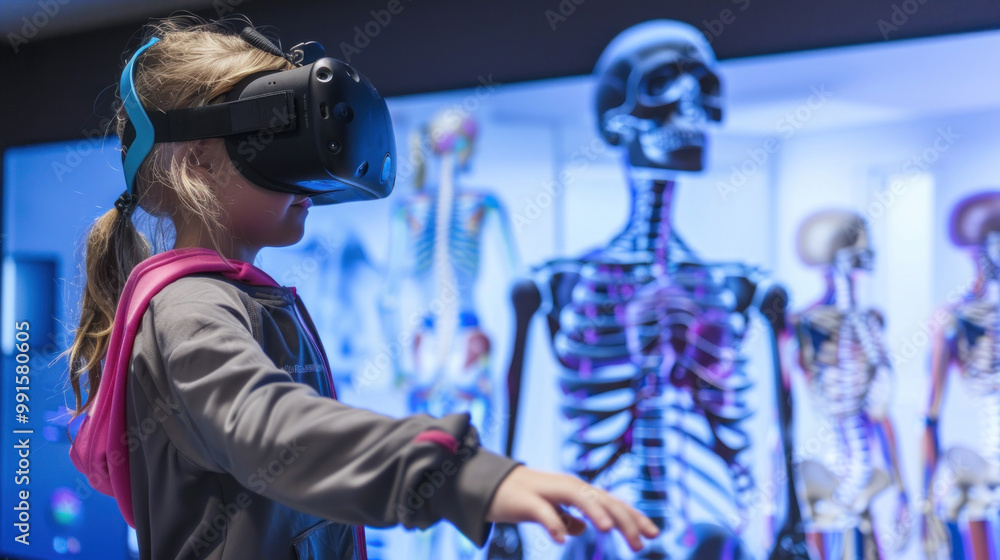 A healthcare education system where children study the human body in a virtual reality world, exploring anatomy through immersive, hands-on experiences A healthcare education system where children study the human body in a virtual reality world, exploring anatomy through immersive, hands-on experiences
