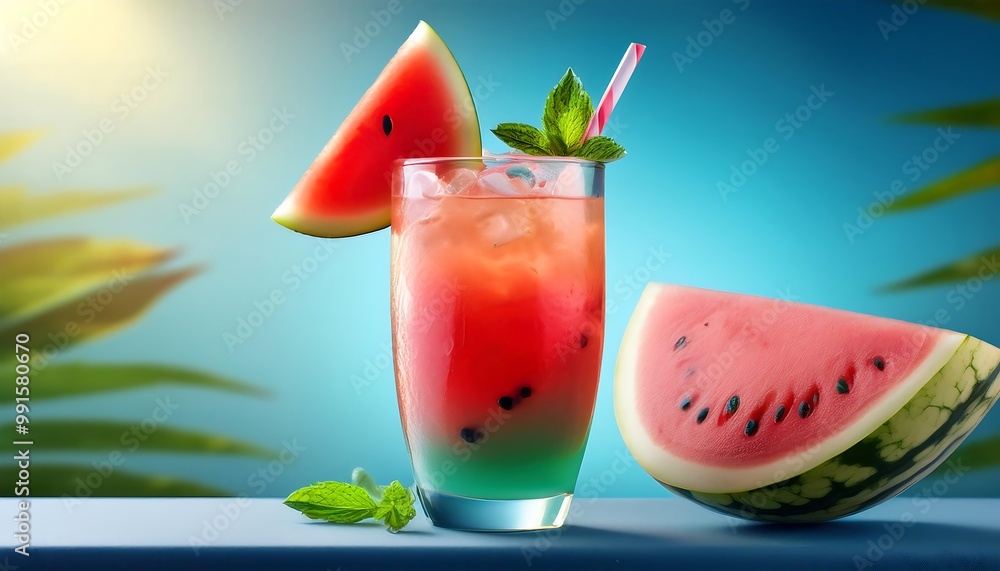A colorful summer drink garnished with a watermelon slice. (1) A colorful summer drink garnished with a watermelon slice. (1)