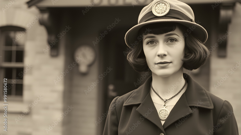 1920's black and white photograph of a 40 year old somewhat attractive female truant officer with bobbed hair and hat with a very tiny round locket maze necklace standing outside Generative AI 1920's black and white photograph of a 40 year old somewhat attractive female truant officer with bobbed hair and hat with a very tiny round locket maze necklace standing outside Generative AI