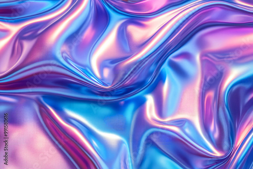 3d render Metallic liquid background. Abstract neon texture. Rainbow 3d holographic foil. Wavy glossy surface in blue and purple colors Background photo