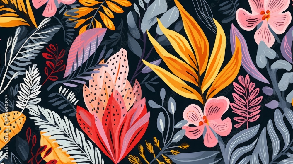 Modern exotic floral jungle pattern. Collage contemporary seamless pattern. Hand drawn cartoon style pattern. Modern exotic floral jungle pattern. Collage contemporary seamless pattern. Hand drawn cartoon style pattern.