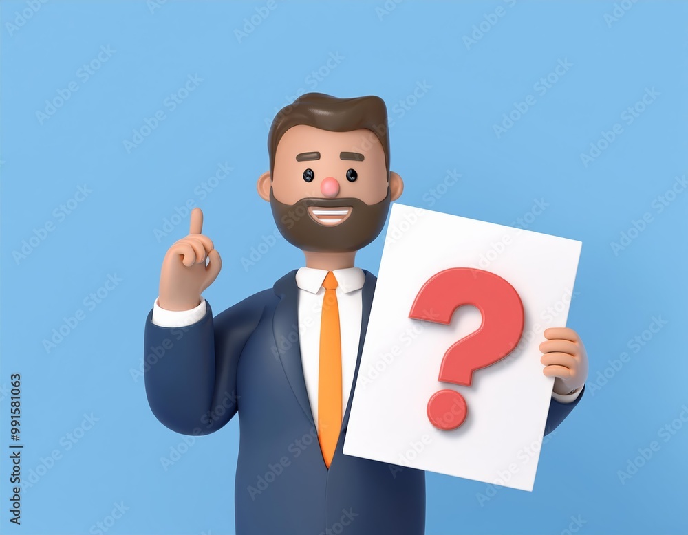 A businessman points up while holding a sign with a question mark on it, 3D illustration A businessman points up while holding a sign with a question mark on it, 3D illustration