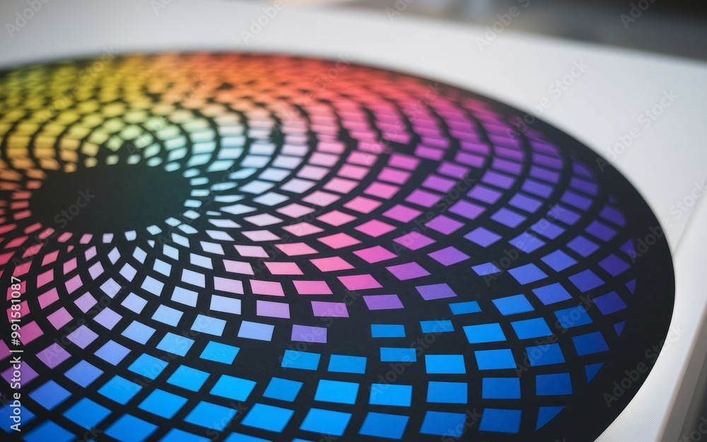 Colorful pattern design. Abstract spiral design with vibrant colors, geometric shapes, and a contrasting black center. Colorful pattern design. Abstract spiral design with vibrant colors, geometric shapes, and a contrasting black center.