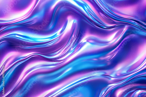 3d render Metallic liquid background. Abstract neon texture. Rainbow 3d holographic foil. Wavy glossy surface in blue and purple colors Background photo