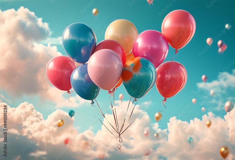 A festive birthday celebration with a cake and balloons floating in the sky. A festive birthday celebration with a cake and balloons floating in the sky.