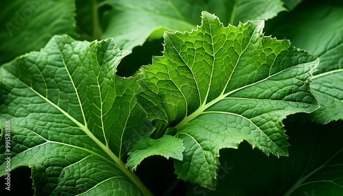 Detailed close-up of textured green burdock foliage. Macro photography focus