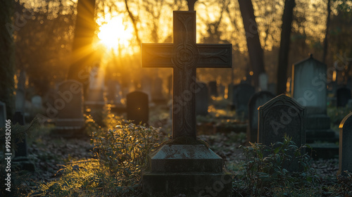 A cemetery with a cross on a tombstone