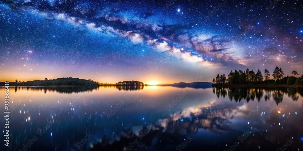 Fototapeta premium Reflection of starry sky on tranquil lake surface , night, stars, sky, reflection, lake, water, peaceful, serene, nature