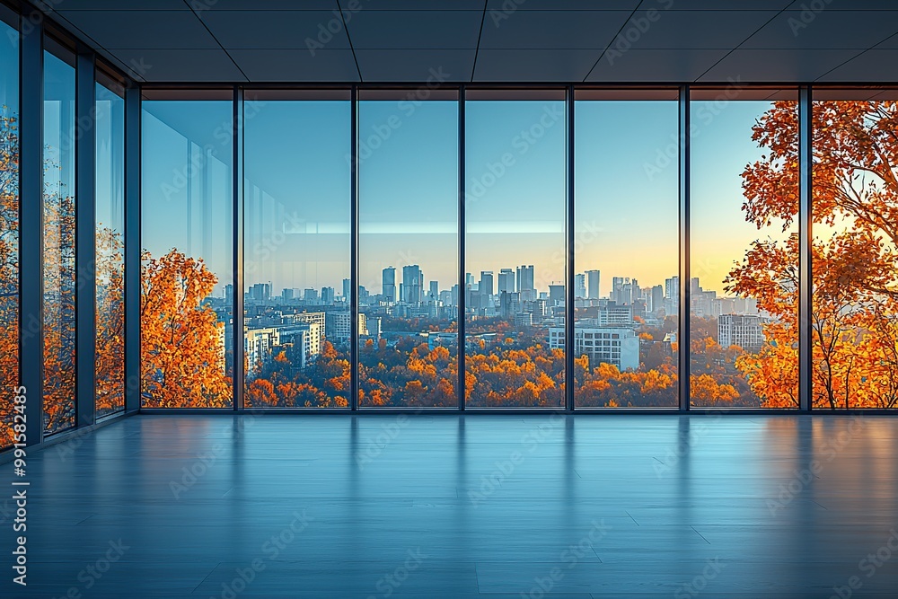 Naklejka premium Modern office with panoramic city view through large windows.