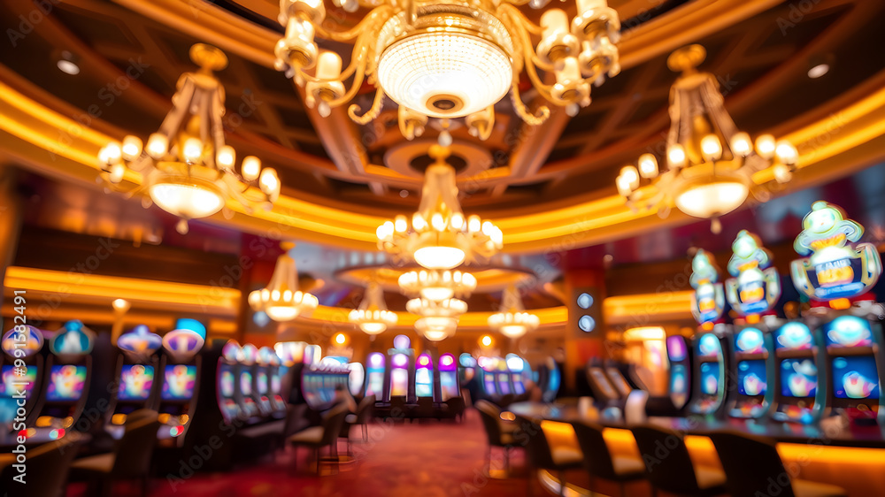 Obraz premium Blurred view of an elegant casino interior with luxurious chandeliers, slot machines, and a bar counter. The warm lighting creates a sophisticated and inviting atmosphere. Generative AI