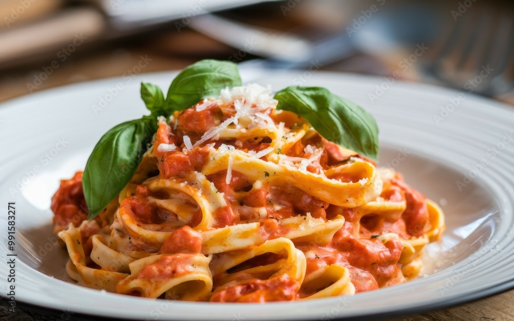 Pasta with tomato sauce. Creamy tomato sauce pasta with basil, topped with cheese. Pasta with tomato sauce. Creamy tomato sauce pasta with basil, topped with cheese.