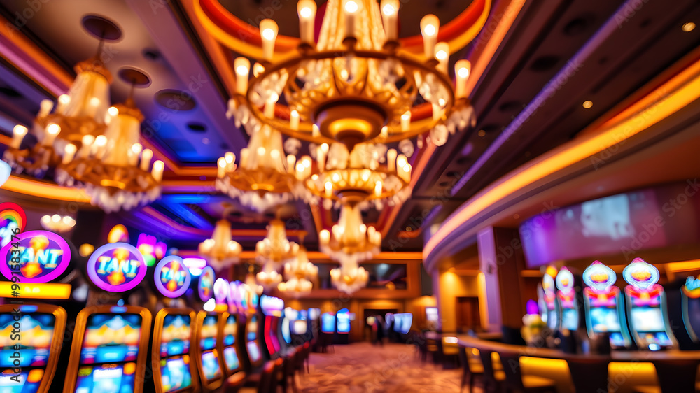 Blurred view of an elegant casino interior with luxurious chandeliers, slot machines, and a bar counter. The warm lighting creates a sophisticated and inviting atmosphere. Generative AI Blurred view of an elegant casino interior with luxurious chandeliers, slot machines, and a bar counter. The warm lighting creates a sophisticated and inviting atmosphere. Generative AI