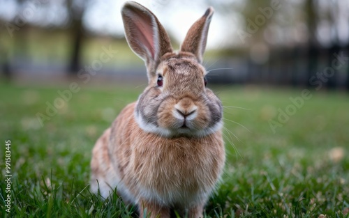 Cute bunny in grass. A fluffy brown bunny sits in the grass, looking directly at the camera. The bunny has a soft, white chest and a cute, round nose. photo