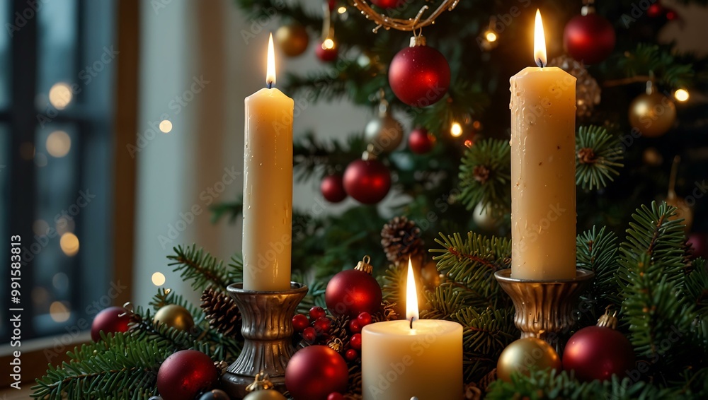 Christmas tree with candles and decorations. Christmas tree with candles and decorations.