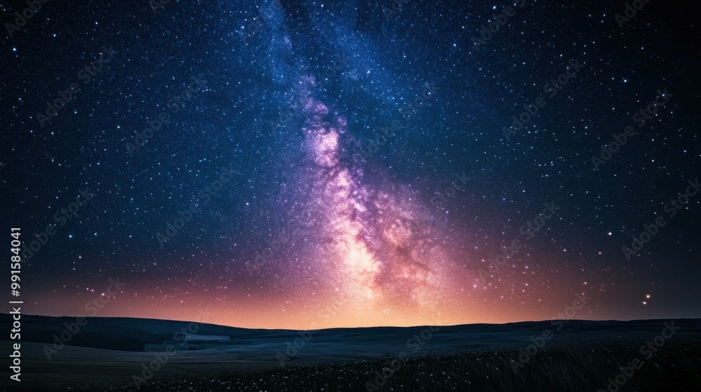 Milky Way galaxy glowing brightly above a quiet landscape, with vibrant stars and cosmic dust visible in the night sky Milky Way galaxy glowing brightly above a quiet landscape, with vibrant stars and cosmic dust visible in the night sky