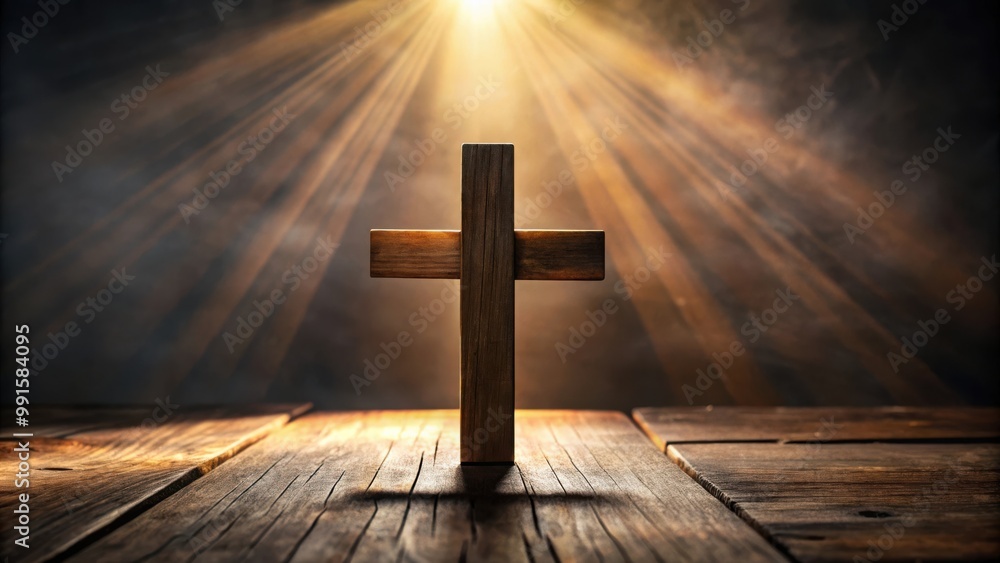 Naklejka premium Dark wooden cross with soft lighting in a peaceful religious background setting