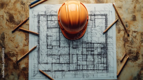 A detailed architectural blueprint lying flat on a desk with pencils scattered around and a hard hat resting on top, representing the transition from design concept to construction reality. photo