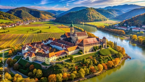 Panoramic aerial view of Stift G?ttweig in Wachau during late summer and autumn , Stift G?ttweig, Wachau photo