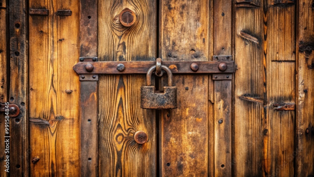 Rustic old brown wooden door secured with padlock symbolizing safety and security Rustic old brown wooden door secured with padlock symbolizing safety and security