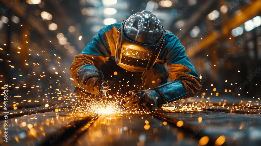 A skilled welder works intensely, sparks flying in a dynamic industrial environment, showcasing craftsmanship and precision.