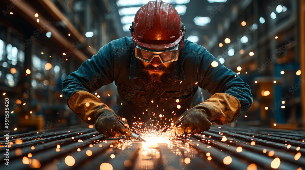 A focused worker welds with sparks flying in an industrial setting, showcasing skill and precision in metal fabrication.