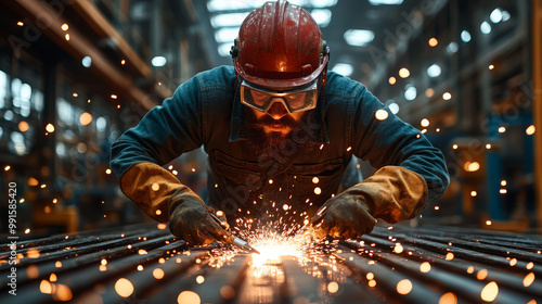 A focused worker welds with sparks flying in an industrial setting, showcasing skill and precision in metal fabrication. photo